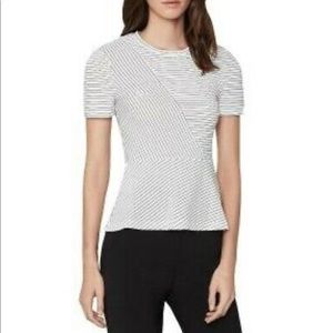 Striped Textured Crew Neck Peplum White Off Blouse